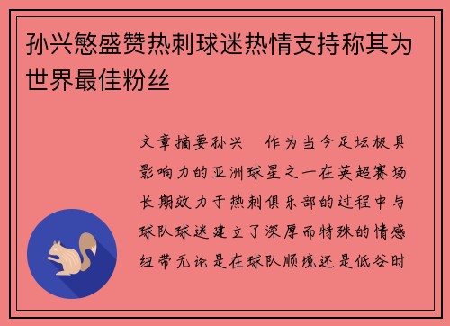 孙兴慜盛赞热刺球迷热情支持称其为世界最佳粉丝