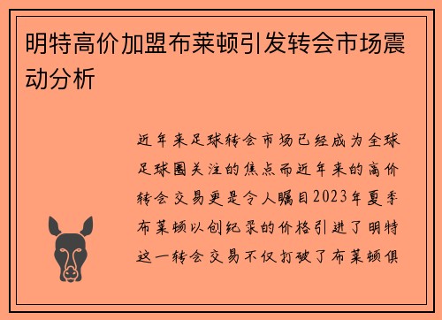 明特高价加盟布莱顿引发转会市场震动分析 明特高价加盟布莱顿引发转会市场震动分析